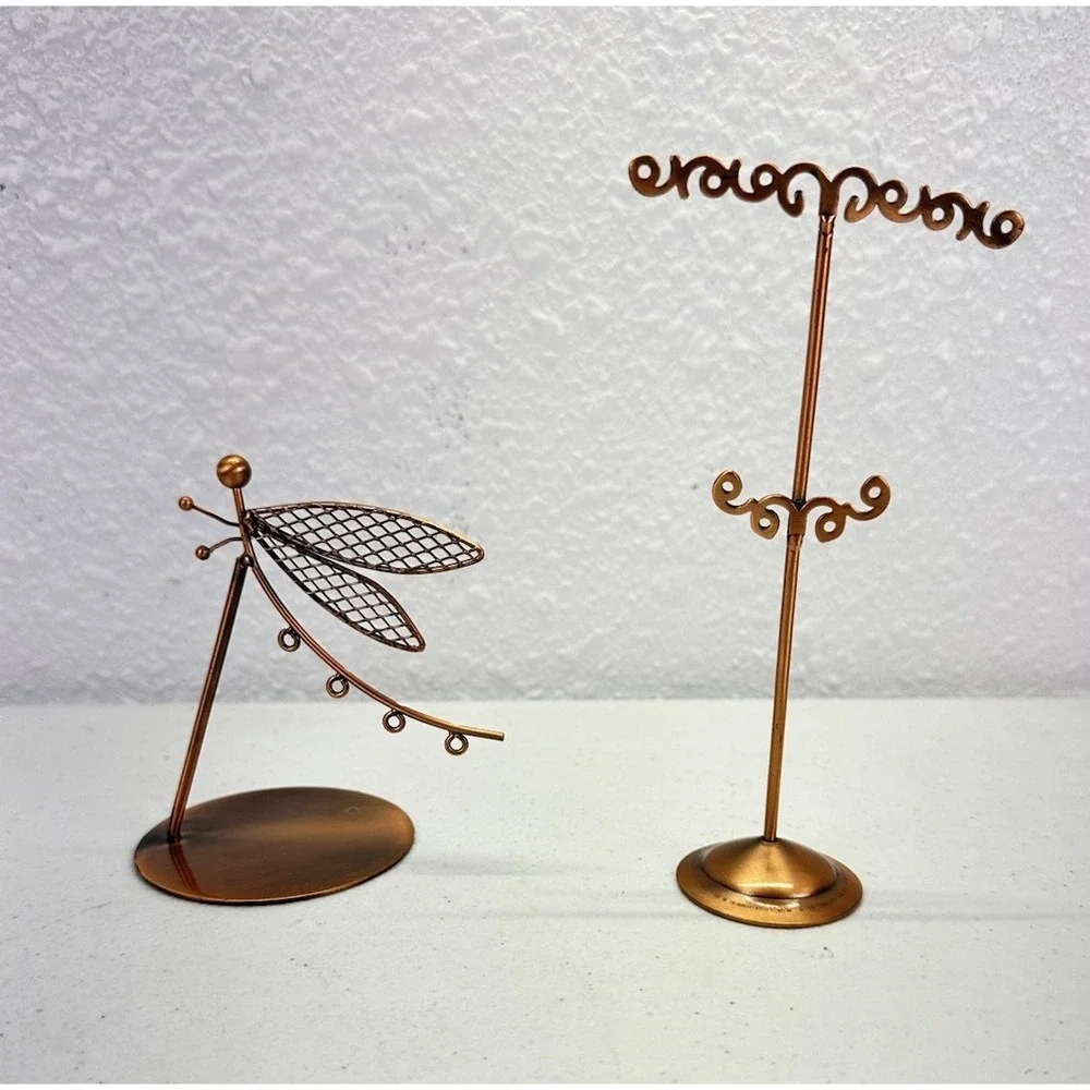 Copper Tone Dragonfly Jewelry Display Set Ring Holder Earring Stand Vanity Decor